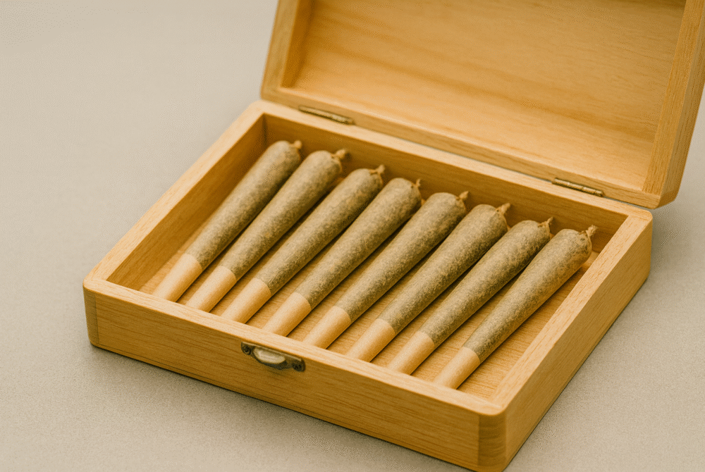 pre-rolls in a wooden box