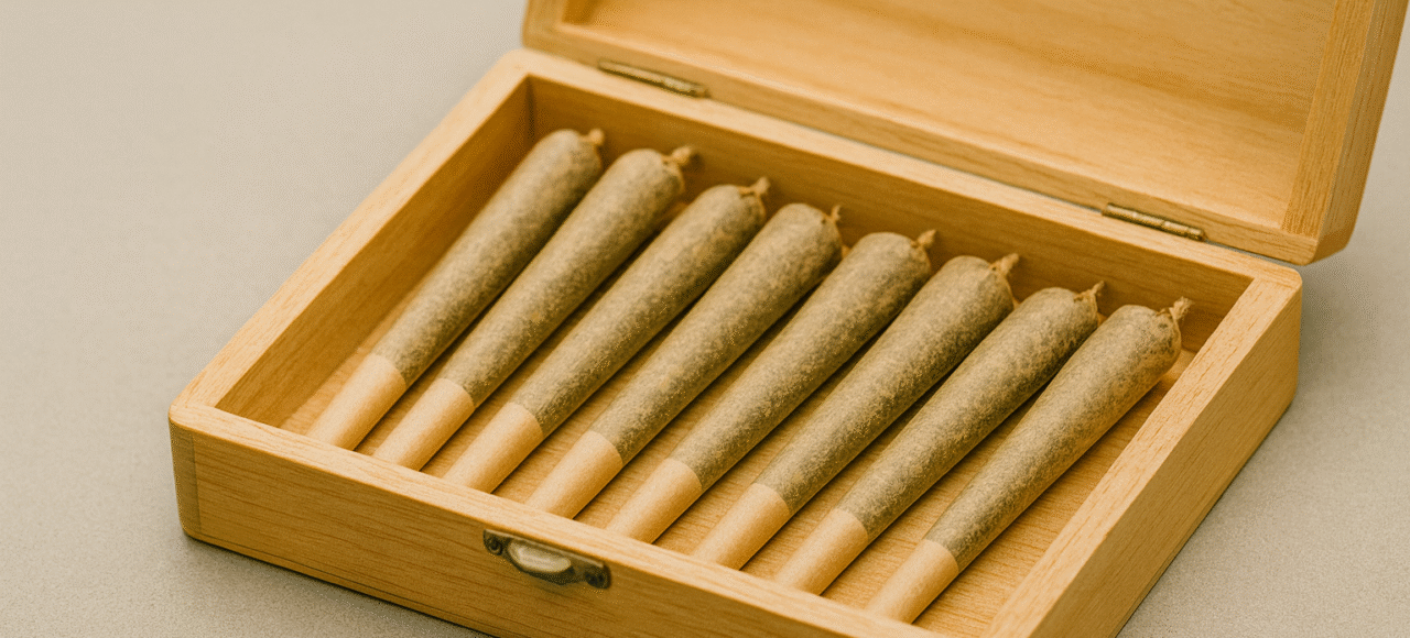 pre-rolls in a wooden box