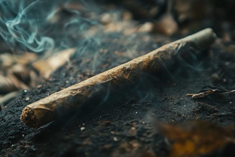 A moody, atmospheric shot of a lit joint on a dark surface—great for conveying experience and setting a lifestyle tone.