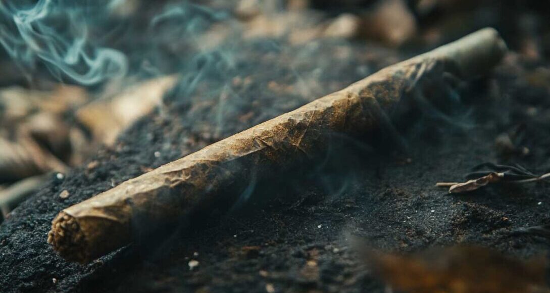 A moody, atmospheric shot of a lit joint on a dark surface—great for conveying experience and setting a lifestyle tone.