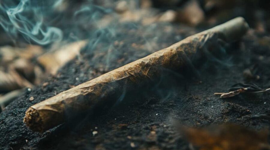 A moody, atmospheric shot of a lit joint on a dark surface—great for conveying experience and setting a lifestyle tone.