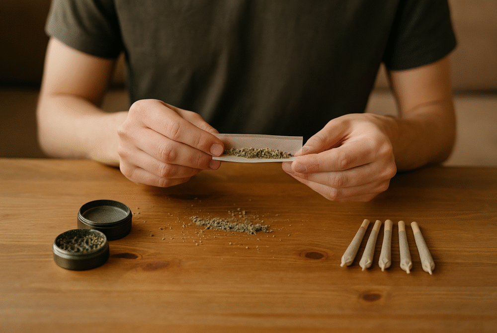 A man rolling joints