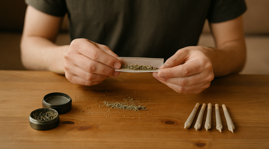 A man rolling joints